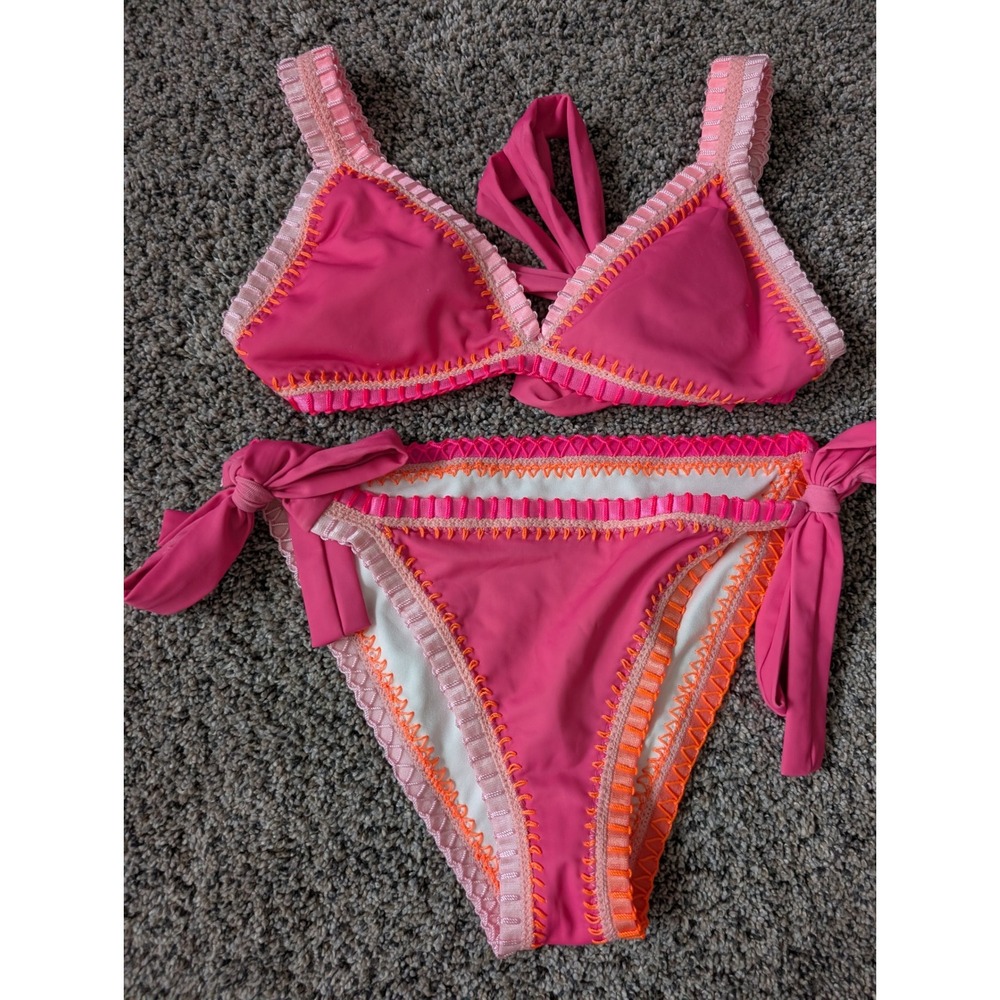 Platinum Swimwear Pink Sands Crochet Trim Triangle Bikini Set Pink Small $184